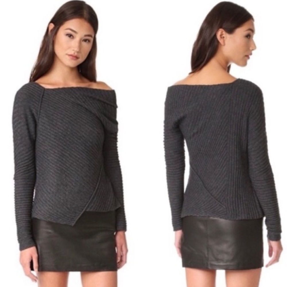 NWOT Free People Asymmetrical Wool Ribbed Sweater Charcoal Grey